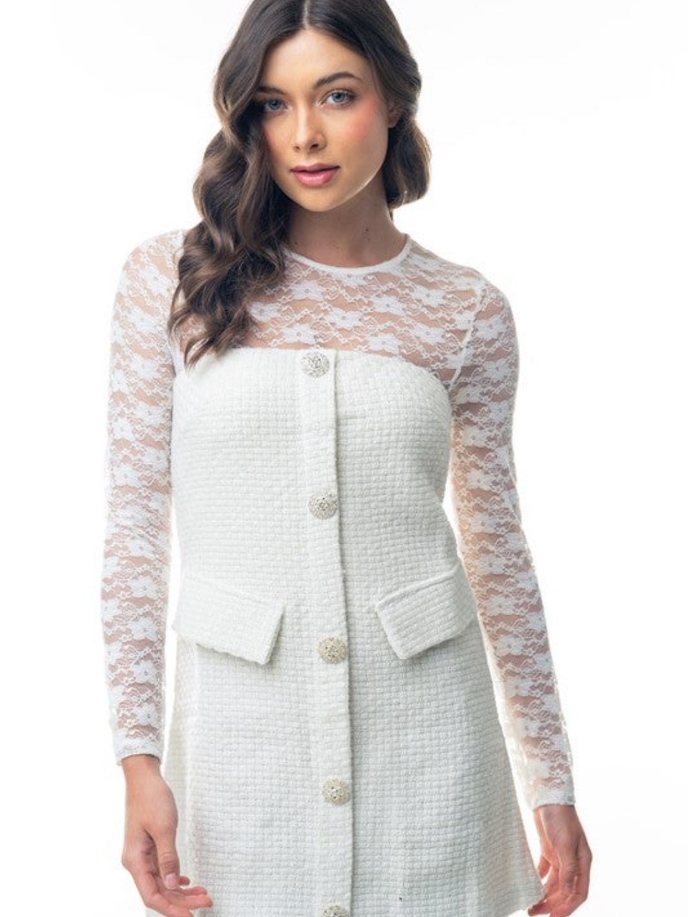 white birch White Lace-Sleeve Tweed Mini Dress lace top not included NWOTS